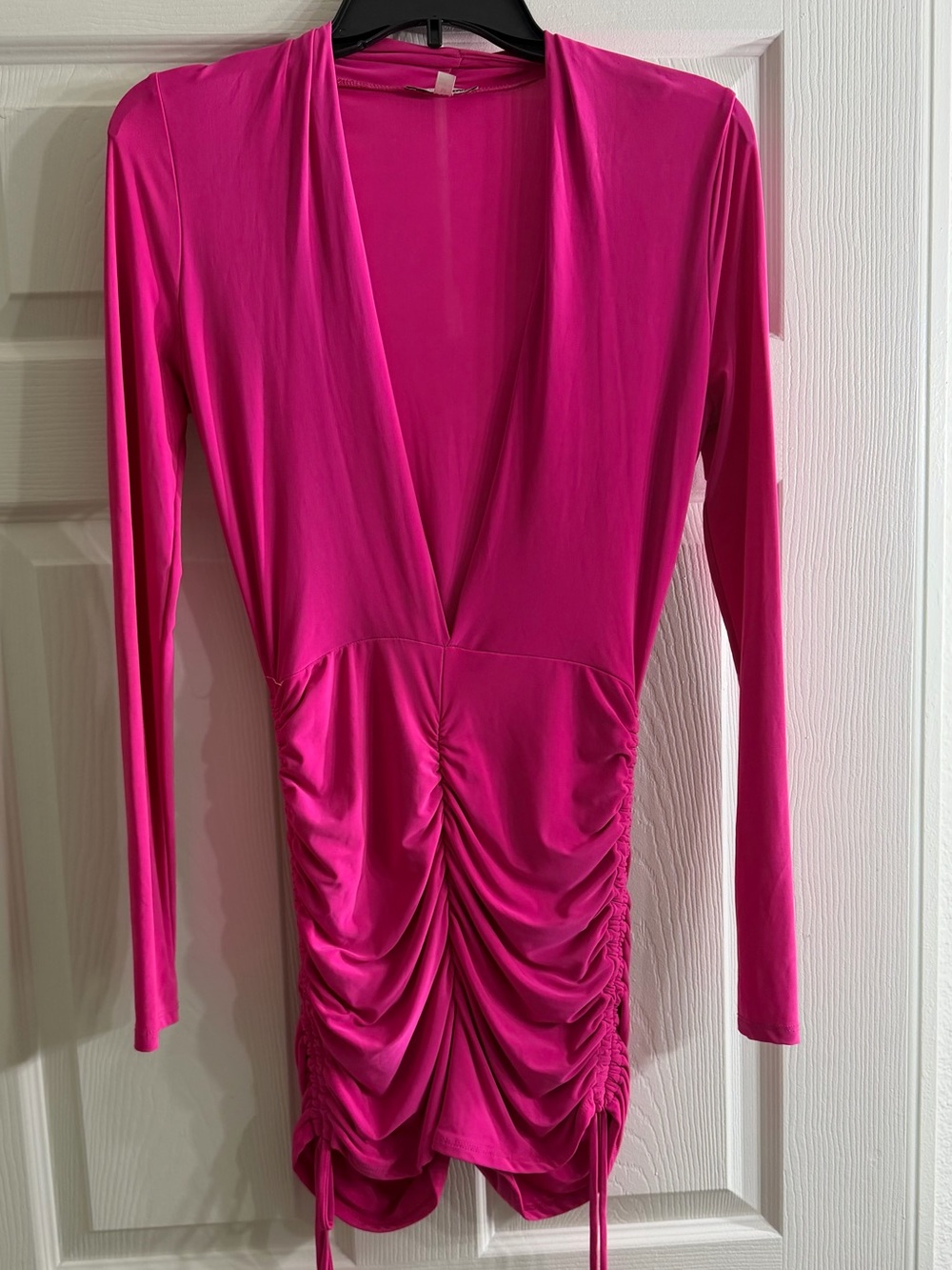 Long Sleeve Fuchsia Ruched V-Neck Dress